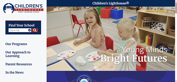 Two young children are joyfully painting at a table in a classroom. A banner reads "Young Minds Bright Futures," reflecting the nurturing environment you'd find at the best daycare centers, often showcased on many vibrant daycare websites.