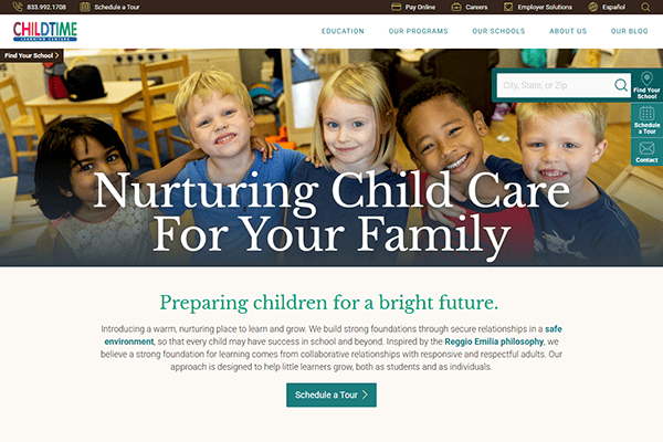 A smiling group of children and a teacher in a classroom setting, highlighted on one of the best daycare websites. Accompanying text reads "Nurturing Child Care For Your Family," with an inviting button to schedule a tour.