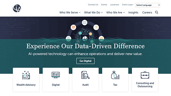 Discover a premier website homepage showcasing data-driven services, including Wealth Advisory, Digital, Audit, Tax, and Consulting and Outsourcing. Navigate effortlessly with our bar and hit the "Go Digital" button. Proud to be among the best CPA websites for excellence in service delivery.