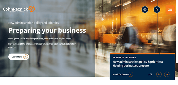 CohnReznick, recognized among the best CPA websites, offers insights on business preparation under new administration policies. Explore their webinar option to learn more.