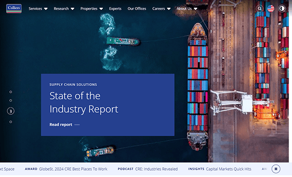 Aerial view of a large cargo ship docked at a port with two tugboats. Text overlay reads "Supply Chain Solutions: State of the Industry Report." Navigation menu and links, akin to commercial real estate websites, are visible.