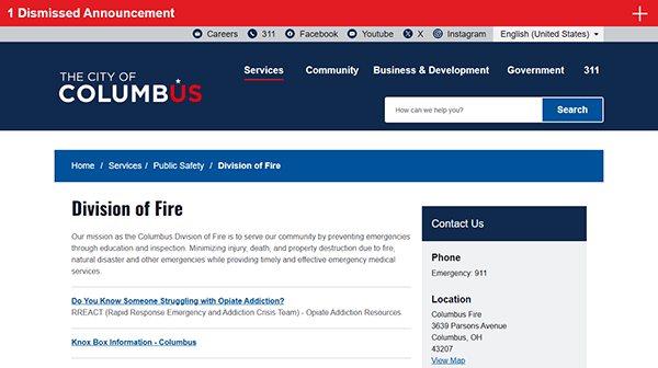 Screenshot of the City of Columbus Division of Fire webpage, showcasing navigation links and emergency contact details. This is one of the best fire department websites, offering easy access to crucial information for residents and visitors alike.