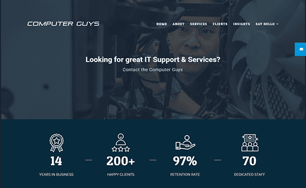 The "Computer Guys" homepage showcases our top-tier IT support and services, boasting impressive statistics on years in business, happy clients, retention rate, and staff count. Discover why we're among the best computer repair websites today.