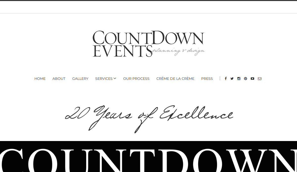 Screenshot of the Countdown Events website header, showcasing one of the best event planners websites with its logo, navigation menu, social media icons, and the phrase “20 Years of Excellence” in script font.