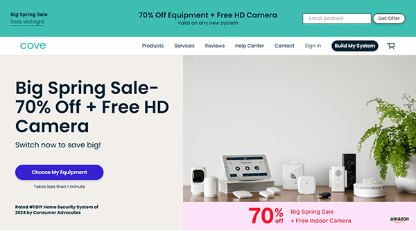 Discover our "Big Spring Sale" on the best home security equipment! Enjoy 70% off and receive a free HD camera. The webpage features product images and a "Choose My Equipment" button for easy customization, making it standout among home security websites.