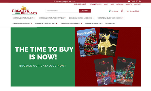 Website homepage for Creative Displays, showcasing a vibrant green banner with catalog images. The text reads, "The time to buy is now! Browse our catalogs today!" Discover why we are among the best holiday light websites for all your holiday light installation needs.