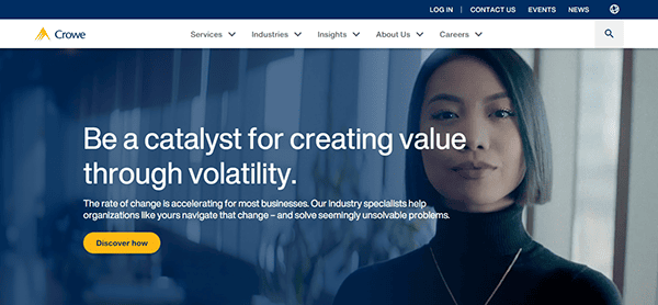 Business website homepage with a text banner: "Be a catalyst for creating value through volatility." Showcasing one of the best CPA websites, it features a portrait of a person on the right and the company logo at the top.
