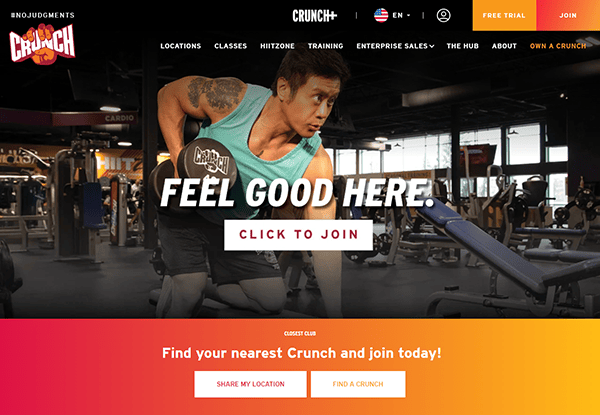 A man exercises with a kettlebell in a gym. Text overlay reads "Feel Good Here." Website navigation and join options are displayed, showcasing one of the best gym websites available.