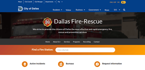 Experience the best fire department services via the Dallas Fire-Rescue webpage. Featuring a city logo, navigation menu, and search bar for locating stations by zip code, our site provides tabs for incidents, bureaus, and essential emergency information.