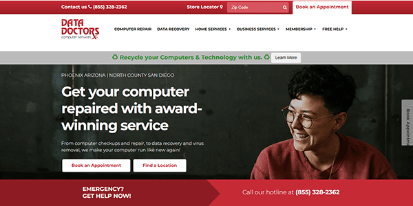 Explore Data Doctors' homepage, where award-winning support and exceptional computer repair services meet. A smiling person welcomes you to easily book an appointment or find a location. Discover why we're one of the best computer repair websites around!.
