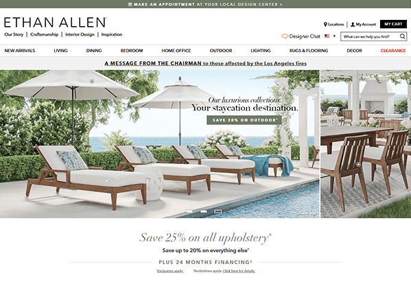 Ethan Allen's homepage showcases their stunning outdoor furniture arranged gracefully under umbrellas by a pool. Known as one of the top furniture sites, it highlights exclusive sales on upholstery and outdoor items, blending style with exceptional value.