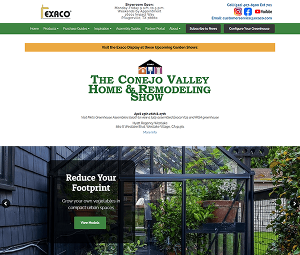 A screenshot of Exaco's website showcases an announcement for the Conejo Valley Home & Remodeling Show, featuring an image of a greenhouse labeled "Reduce Your Footprint." Discover inspiring greenhouse designs and explore the best greenhouse options available.