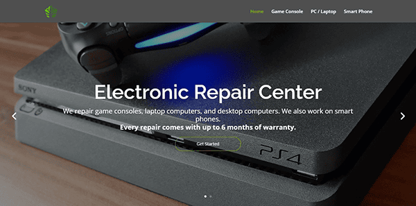 Close-up of a PS4 console and controller on a table. Text overlay: "Electronic Repair Center - Your go-to for computer services. We repair game consoles, laptops, and desktops with up to a 6-month warranty.