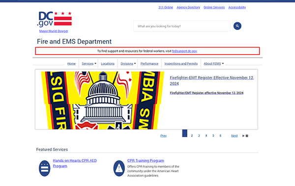 This webpage showcases the Washington D.C. Fire and EMS Department, featuring training programs and job details. Explore one of the best fire department websites for comprehensive information on careers and services.
