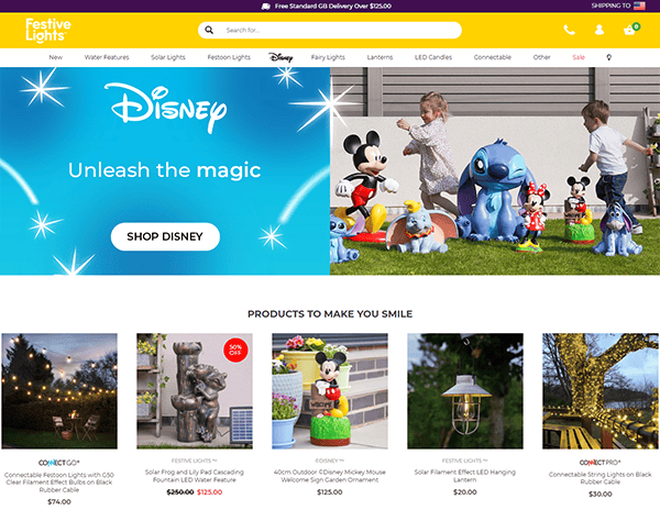 A webpage showcasing Disney-themed decorative lights, featuring beloved characters like Mickey Mouse and Stitch. "Unleash the magic" reads the banner. Below, find products and learn more about Holiday Light Installation to make your space sparkle with the best holiday lights.