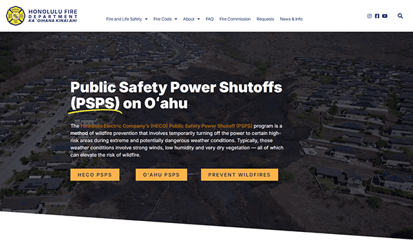 Honolulu Fire Department webpage on Public Safety Power Shutoffs (PSPS) on O'ahu, with links to HECO and prevention info. The background showcases a residential area, emphasizing the role of fire department websites in community safety.