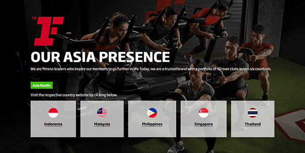 People exercising on treadmills with text highlighting a fitness brand's presence in Asia, featuring Indonesia, Malaysia, Philippines, Singapore, and Thailand flags. Discover sleek gym website designs reflecting the energy and commitment found across these nations.