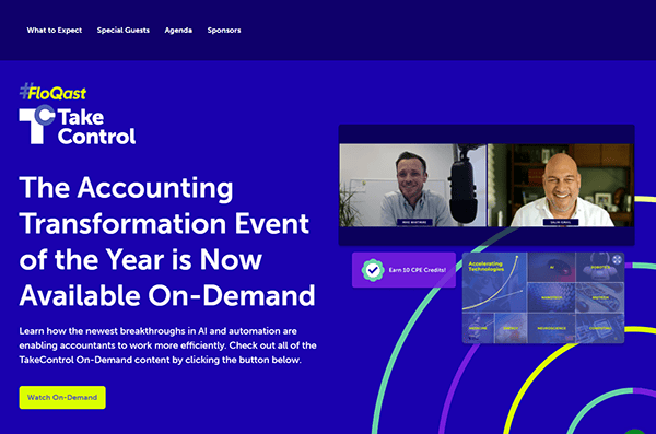 Promotional banner for FloQast's "Take Control" event, showcasing accounting transformations with AI. Discover design insights from best conference websites with two participants in a video call. Includes a "Watch On-Demand" button.