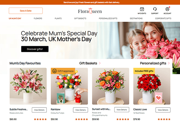 FloraQueen's webpage showcases UK Mother's Day promotions, featuring exquisite flower arrangements and gifts. Each item comes with a price and star rating, ensuring customers find the best florist options. A vibrant banner highlights Mother's Day on 30 March, enhancing their florist website appeal.
