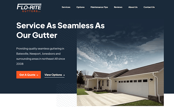Welcome to the home page of Flo-Rite Gutters, your top choice for the best gutter installer in northeast AR. Featuring a cream-colored house and garage, we offer seamless guttering services and competitive quotes. Explore our website to discover why we're the go-to gutter experts in the area.