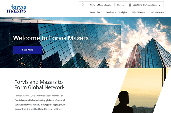 Website homepage of Forvis Mazars features skyscrapers, a warm welcome message, and proudly announces a partnership to form a global network, highlighting why their site ranks among the 20 Best CPA Websites.