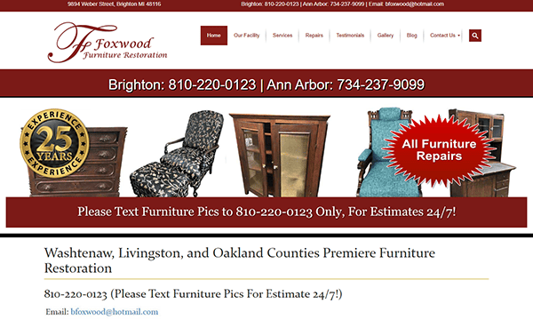 Screenshot of Foxwood Furniture Restoration website showcases top-tier furniture refinishing expertise. Features contact info, a "25 years experience" badge, and invites texts for estimates. Renowned among the best furniture websites, serving multiple Michigan counties.