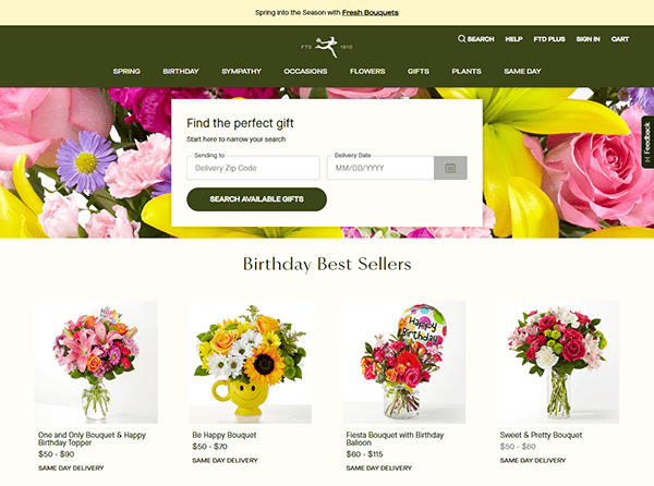 Screenshot of a top florist website featuring a search bar and a selection of birthday best sellers, including colorful bouquets in various vases and a playful balloon.