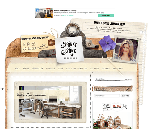 A website homepage showcasing rustic interior decor, DIY projects, and creative ideas, with highlights on furniture refinishing. Includes links for blog posts, subscriptions, and an online shop. Clipart and a portrait are featured.