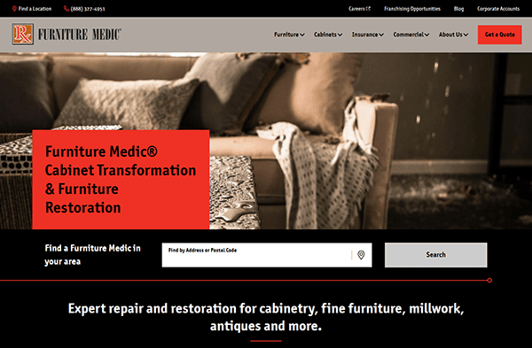 Screenshot of the Furniture Medic website homepage, featuring a search bar to find local services for cabinet transformation and furniture restoration. Discover one of the best furniture refinishing websites for all your restoration needs.