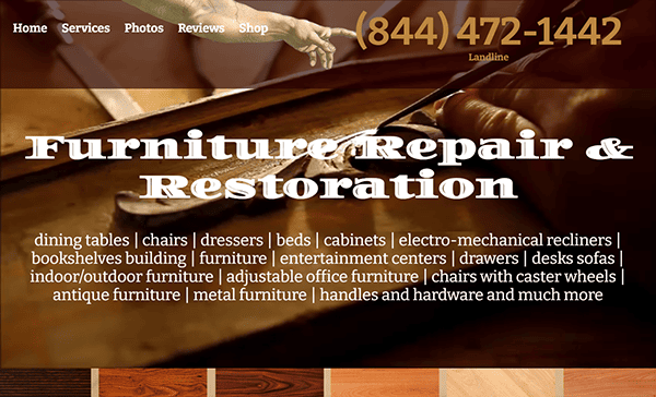 Image of a top furniture restoration webpage. Services listed include dining tables, chairs, desks, and more. Contact number prominently displayed at the top. Rich wood textures showcased at the bottom highlight exquisite furniture refinishing.