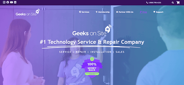 Homepage for "Geeks on Site," the #1 Technology Service & Repair Company. Discover top-notch computer repair services, seamless installations, and a 100% money-back guarantee. Dive into one of the best websites for technology solutions today!.
