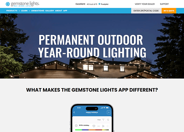 Discover the magic of Gemstone Lights, your go-to for permanent outdoor lighting. With vivid images of homes and an intuitive app interface, it stands as one of the best holiday light websites for outstanding holiday decoration services.