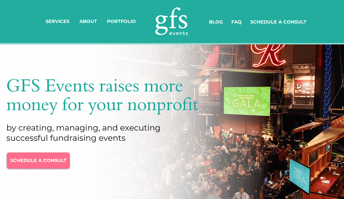 Screenshot of the GFS Events site showing a large fundraising event with many people, tables, and a green screen displaying “Gala.” The text promotes nonprofit fundraising services and highlights their place among the best event planner websites.