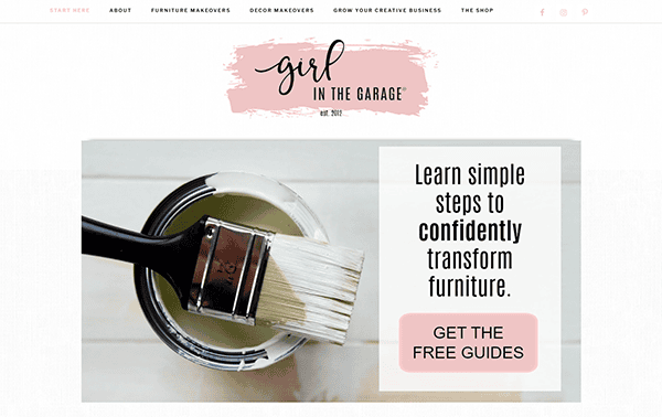 Open paint can with brush. Text reads: "Learn simple steps to confidently transform furniture. Get the free guides." Discover more on "Girl in the Garage," one of the best sites for furniture refinishing enthusiasts.