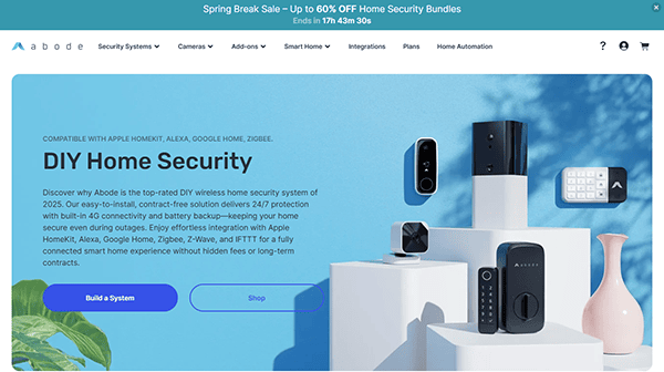 A website screenshot presents an enticing home security system ad, showcasing cameras and a keypad. Text emphasizes discounts and seamless compatibility with smart home services, earning its place among the best home security websites.