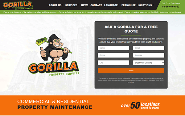 Welcome to Gorilla Property Services, where our gorilla mascot guides you through top-notch commercial and residential maintenance. Featuring a contact form, service details, and our phone number, we proudly stand as the best gutter cleaner in town. Explore the top gutter cleaner website today!.