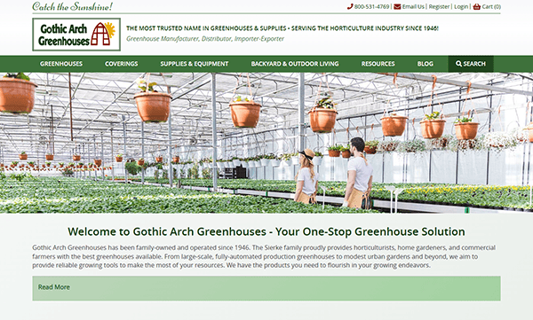 Screenshot of Gothic Arch Greenhouses homepage showcasing innovative greenhouse designs, a website navigation menu, and company information about products and services for horticulture. Discover why it's among the best greenhouse websites for enthusiasts and professionals alike.