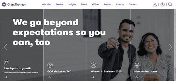 Website homepage featuring the slogan "We go beyond expectations so you can, too" and four sections with headings: growth, GOP news, Women in Business 2025, and Meet Amber Jones. Discover insights designed to surpass CPA industry standards and explore why we rank among the best CPA websites.