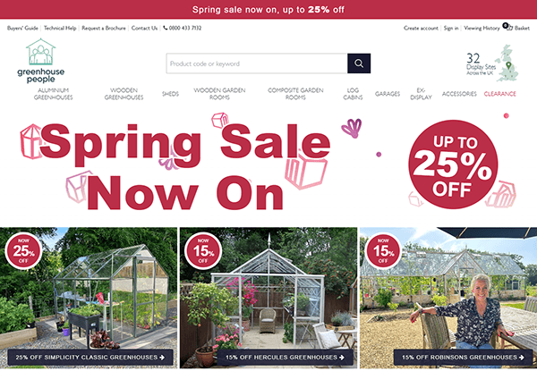 The website homepage showcases a "Spring Sale Now On" banner, offering up to 25% off top greenhouse designs. Explore product images and discount details on one of the best greenhouse websites.