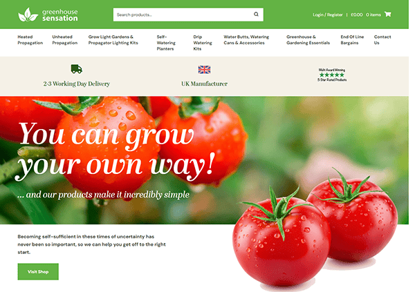 Website homepage featuring ripe tomatoes, promotional text "You can grow your own way!", and a navigation menu for gardening products and kits. Discover the best greenhouse designs to cultivate your dream garden effortlessly.