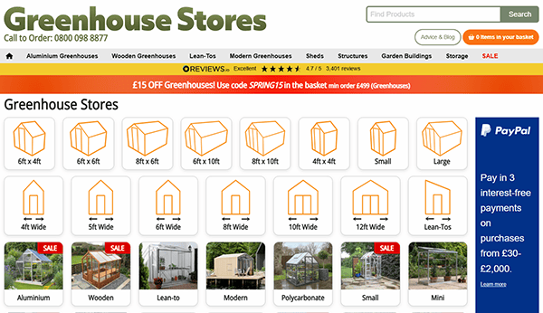 The website interface showcases the best greenhouse designs, featuring illustrations and categories like Aluminium, Wooden, and Polycarbonate. On the right, a PayPal advertisement offers installment payments for those browsing through top greenhouse websites.