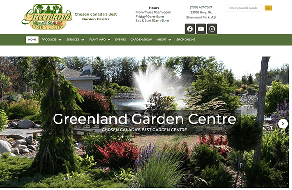 Screenshot of Greenland Garden Centre's website homepage, showcasing lush garden scenery and highlighting its name, contact details, hours, and navigation menu. A prime example of the best greenhouse websites with seamless integration of nature and design elements.