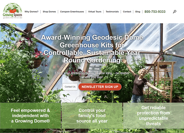 A woman holds plants inside a geodesic dome greenhouse. Text promotes award-winning kits for the best sustainable, year-round gardening experience. Buttons for newsletter signup and more info are visible on our website.