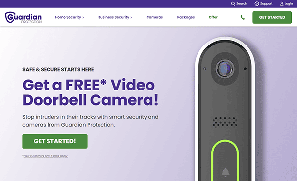 Discover the best in home security with Guardian Protection's free video doorbell camera. Featuring a sleek design and seamless integration, this offer ensures your peace of mind. Click "Get Started" and elevate your safety today.