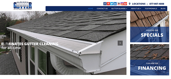 Close-up of a house roof featuring a covered gutter system by the best gutter installer. Website navigation offers options for specials, financing, and showcases effective Gutter Installer SEO techniques.