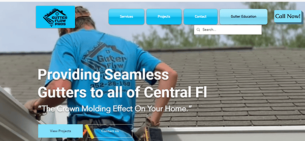 Worker installing gutter on roof alongside logo and menu options for a gutter service website. Text reads: "Providing Seamless Gutters to all of Central FL." Expert gutter cleaning included with every installation.