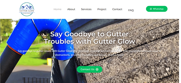 Roof with a vacuum-like device cleaning a gutter. Text reads, "Say Goodbye to Gutter Troubles with Gutter Glow." Discover the best in gutter cleaner websites complete with easy navigation and a handy contact button.