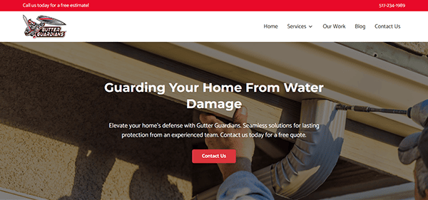 Website homepage for Gutter Guardians showcases a header image of hands installing a gutter, embodying the essence of top-notch gutter cleaner services. Includes contact details and an inviting call-to-action button for estimates, making it stand out among gutter cleaner websites.