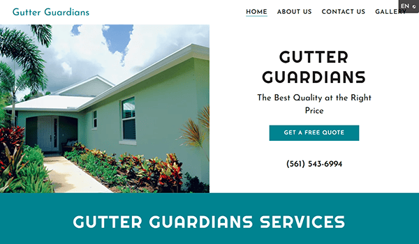 Gutter Guardians' homepage features a pristine white house surrounded by lush landscaping, showcasing top-notch gutter cleaning services. Visit one of the best gutter cleaner websites for a free quote option today.