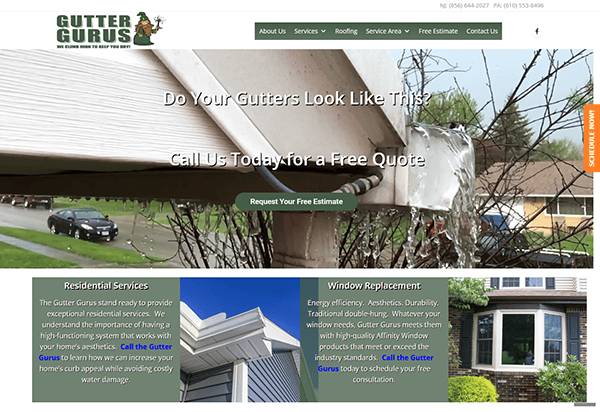 Gutter Gurus' website showcases top-notch gutter and roofing services, positioning itself as the best gutter cleaner. It features a call to action for a free estimate and covers residential services, plus window replacement.